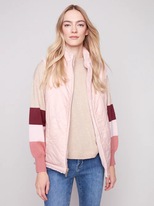 CHARLIE B C6374 SOLID REVERSIBLE QUILTED FAUX FUR NYLON VEST