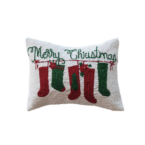 Cotton Beaded Lumbar Pillow w/ Stockings & Velvet Back "Merry Christmas"