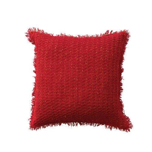 Square Woven Cotton Pillow w/ Metallic Gold Thread &amp; Fringe, Red