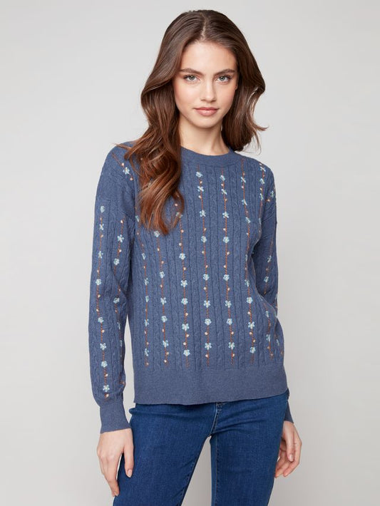 Charlie B Flower Embroidered Plushy Knit Crew