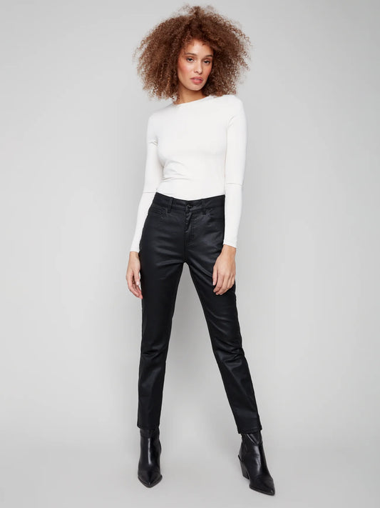 CHARLIE B C5671 SLIM LEG METALLIC WAX TWILL PANTS