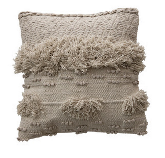 Square Textured Cotton Pillow with Fringe