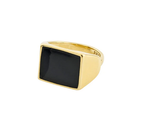 Square Black Signet Ring Ecru Gold Plated