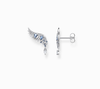 Ear studs phoenix wing with blue stones silver H2247-644