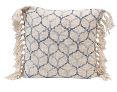 SQUARE STONEWASHED COTTON BLEND PILLOW W/ OGEE PATTERN & FRINGE, POLYESTER FILL, BLUE & CREAM CO